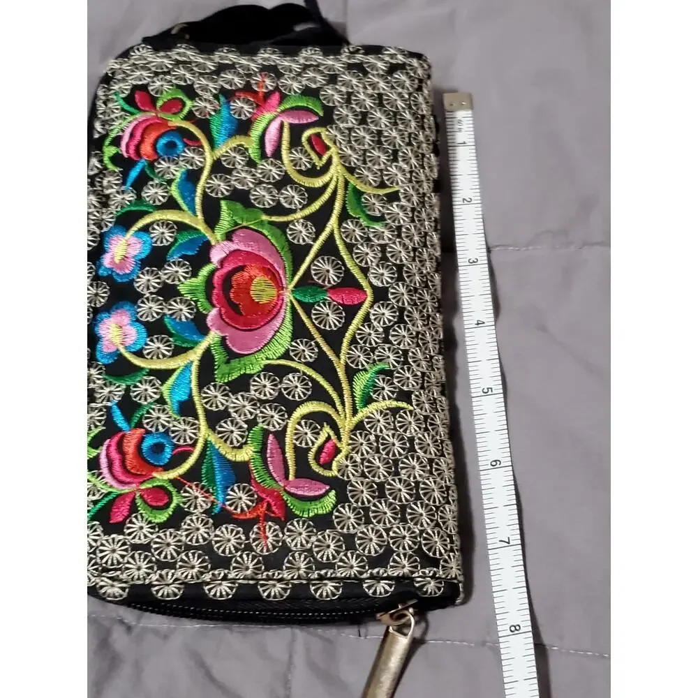 Embroidered Floral Crossbody Phone Bag Black Zip Wallet Purse Adjustable Strap - Picture 3 of 8